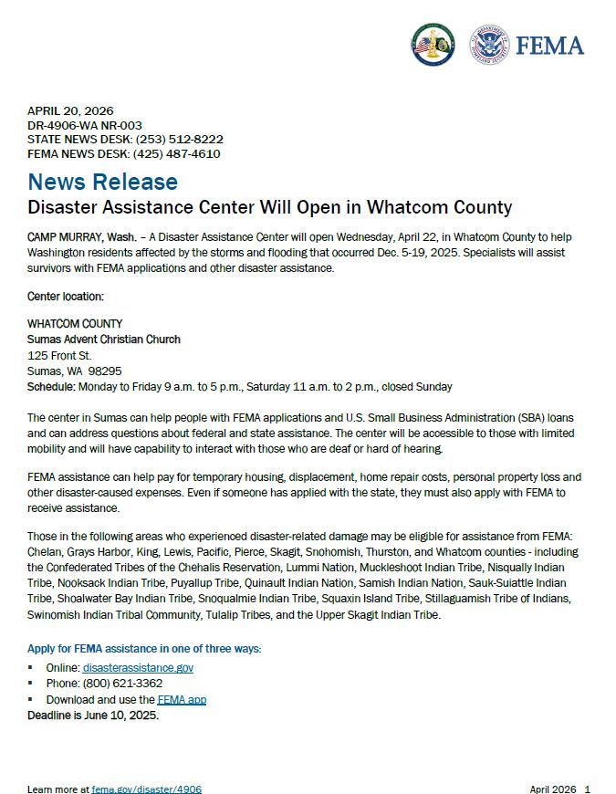 FEMA Opens Disaster Assistance Center in Sumas Starting April 22 for Whatcom County Flood Survivors