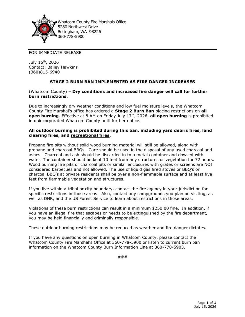Whatcom County Escalates to a Stage 2 Burn Ban Starting Friday
